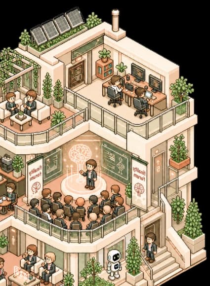 Illustration of a multi-room institutional digital assets venue