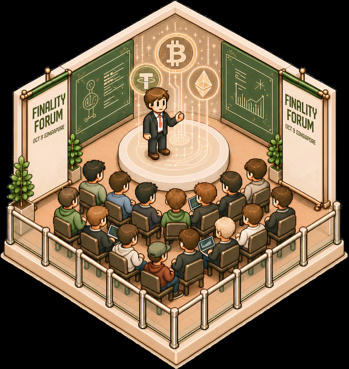 Illustration of institutions, builders, and policymakers gathered for institutional digital assets