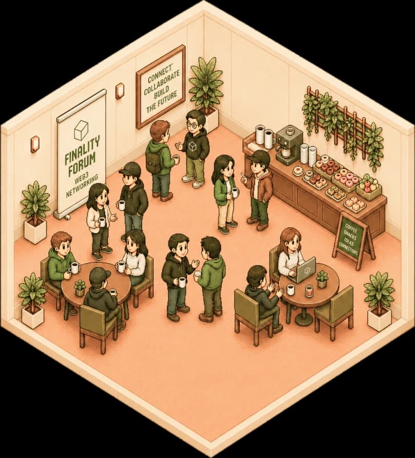 Illustration of a closed-room discussion between conference attendees