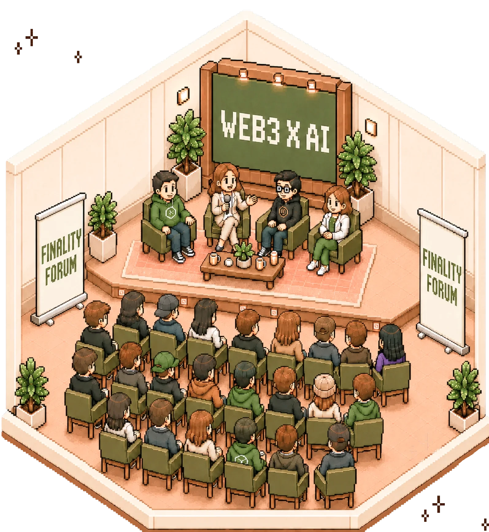 Isometric illustration of a Finality Forum panel taking questions from the audience