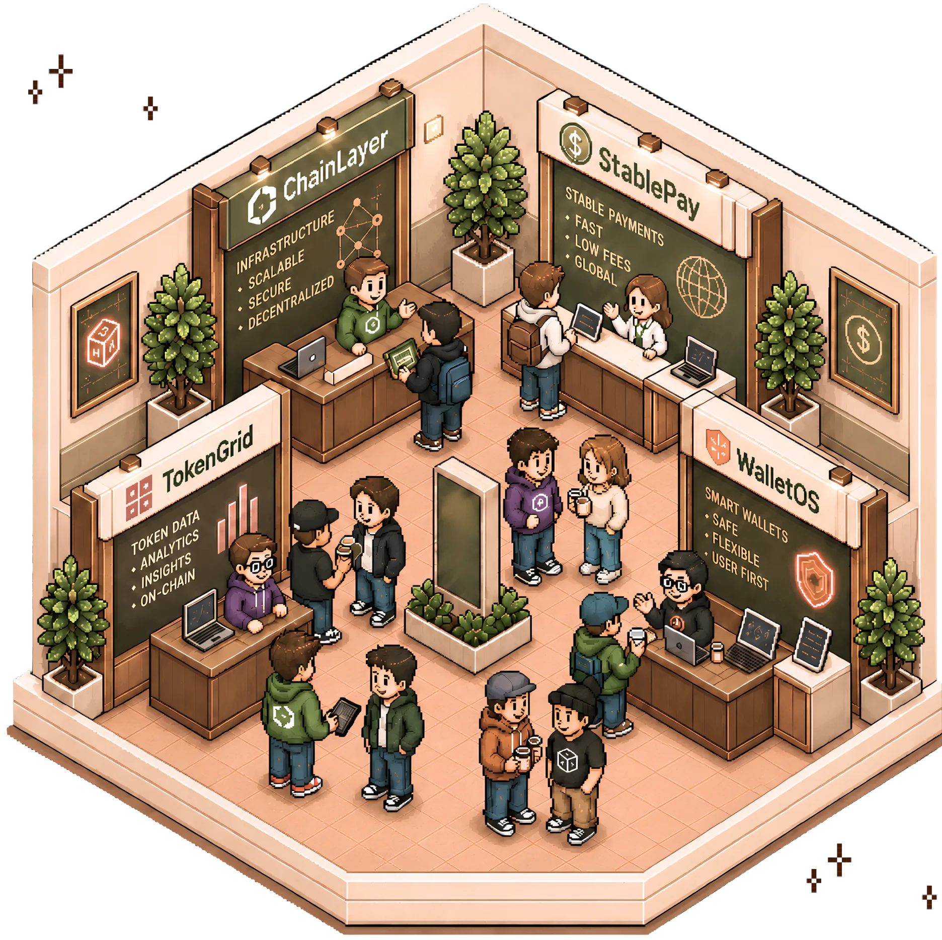 Illustration of a busy Finality Forum expo floor with sponsor booths